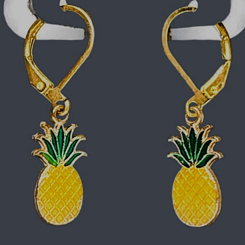 Yellow Pineapple 18K Gold Plated French Wire Drop Earrings Gift Boho Nature Fun